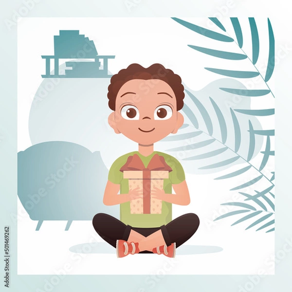 Fototapeta Smiling child boy sits in a lotus position and holds a box with a bow in his hands. Birthday, new year or holidays theme. Vector illustration in cartoon style.