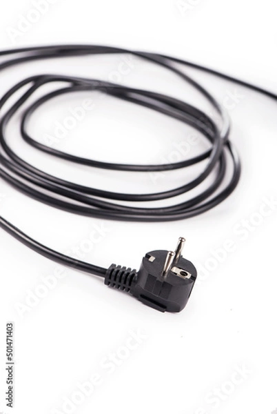 Obraz Electrical power cable with EU plug. Object is isolated on white background without shadows.