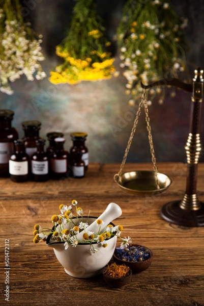 Obraz Assorted natural medical herbs and mortar on wooden table background