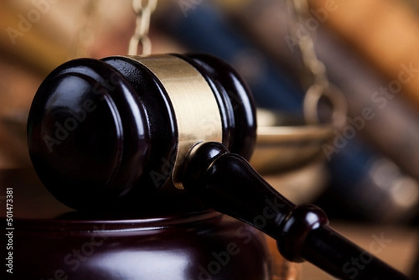 Obraz Law theme, mallet of the judge, wooden desk background