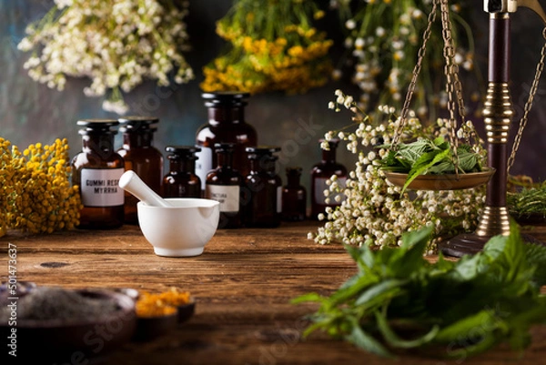 Obraz Herbs medicine,Natural remedy and mortar on vintage wooden desk background