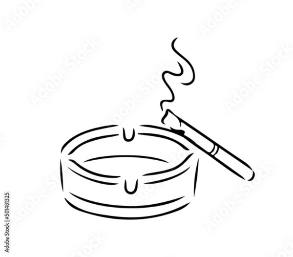 Fototapeta Ashtray with a smoking cigarette. Cigarette butt in ashtray icon isolated on white background. Vector illustration in a minimalistic sketch style. Smoking concept