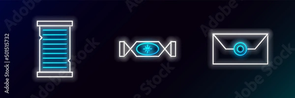 Fototapeta Set line Envelope with christmas party invitation card, Christmas wish list template and Candy icon. Glowing neon. Vector