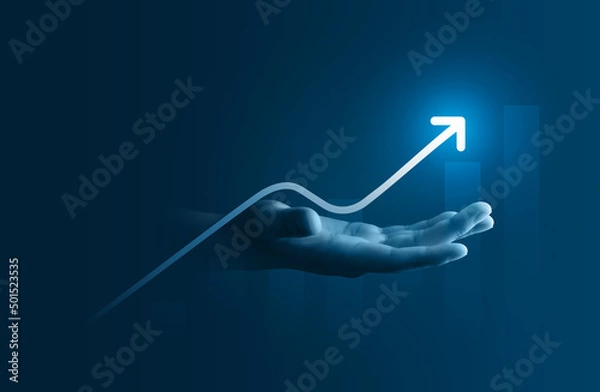 Fototapeta Hand growth arrow symbol business up background of success graph financial profit stock diagram or growing economy investment income target and goal increase achievement on development strategy chart.