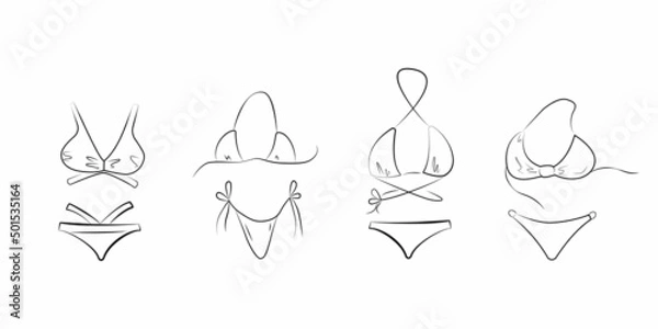 Obraz Set of hand drawn bikinis. Sketch of women's swimwear for summer vacation on the beach. Black outline isolated on white background. Vector