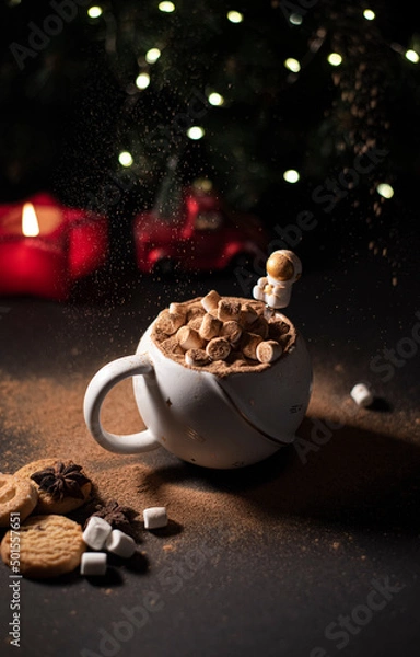 Obraz Christmas mood. Cup of cocoa with small marshmallow, cookies, and cinnamon. Black background with candle and Christmas tree with garlands