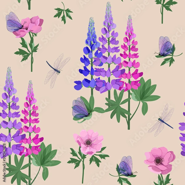Obraz Vector pattern with anemone, lupines, butterflies and dragonflies on a beige background.