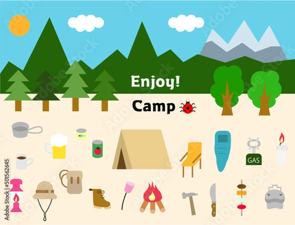 Fototapeta キャンプ　道具イラストセット