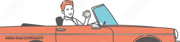 Obraz オープンカーに乗りクレジットカードを見せる男性