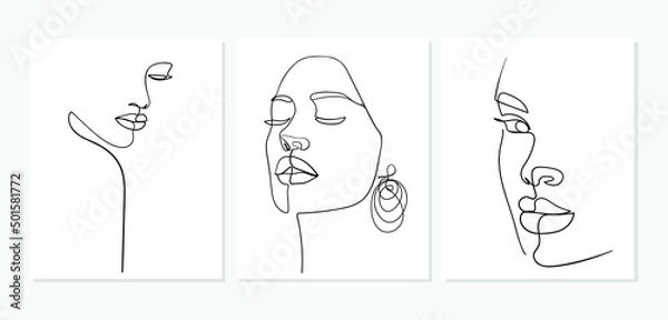 Fototapeta Set of portraits. Simple, minimalist vector illustration of beautiful woman face. Line drawing.
