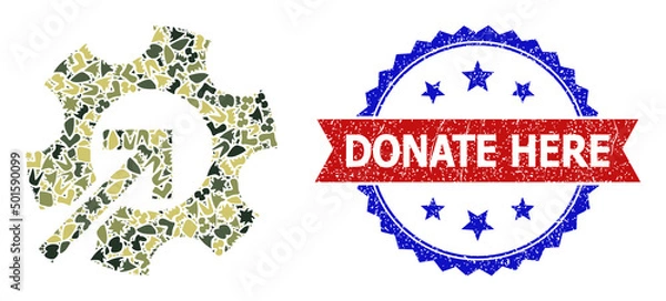 Fototapeta Military camouflage mosaic of gear integration icon, and bicolor dirty Donate Here seal stamp. Vector seal with Donate Here title inside red ribbon and blue rosette, distress bicolored style.