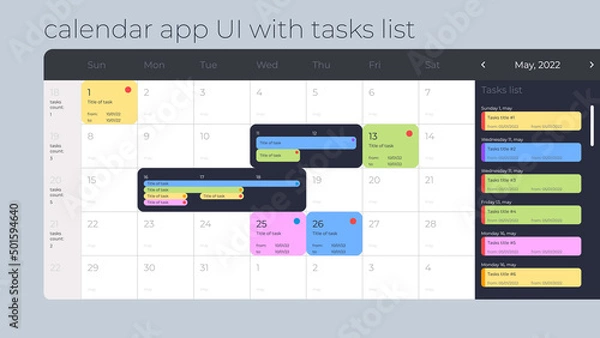 Obraz Horizontal calendar User Interface with monthly display, with colorful elements for planning. Big cells of date.
