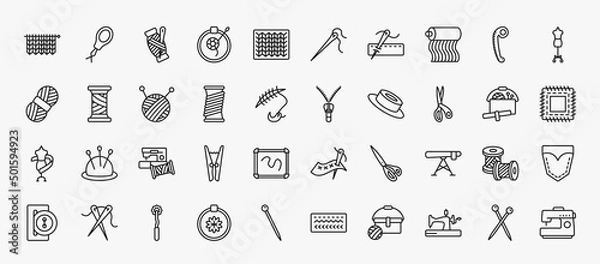 Fototapeta set of 40 sew icons in outline style. thin line icons such as hand craft, threads, fabrics, mannequin, ball of wool, slide fastener, cutting tool, sewing clip art, ironing board, overstitch, old