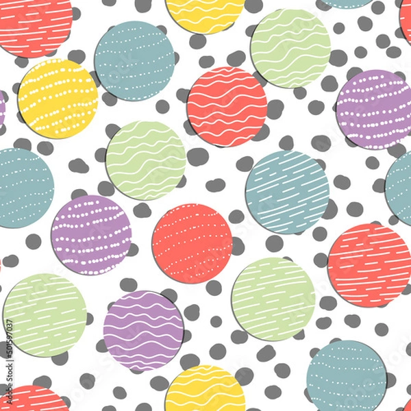 Fototapeta Abstract hand drown polka dots background. White dotted seamless pattern with color circles. Template design for invitation, poster, card, flyer, textile, fabric