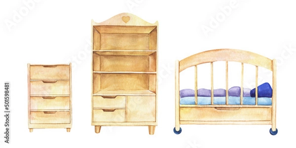 Obraz Baby's room old fashioned furniture. Set decorative elements. Cabinet, chest, bed. Hand painted watercolor illustration. Colorful sketchy drawing on white background