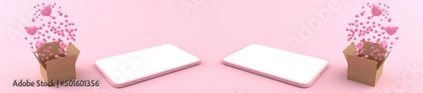 Fototapeta 3D rendering of Smartphone white screen surrounded by cardboard box with Many hearts are floating. Concept of Heart and love on a mobile phone and concept valentine day isolated on pink background.