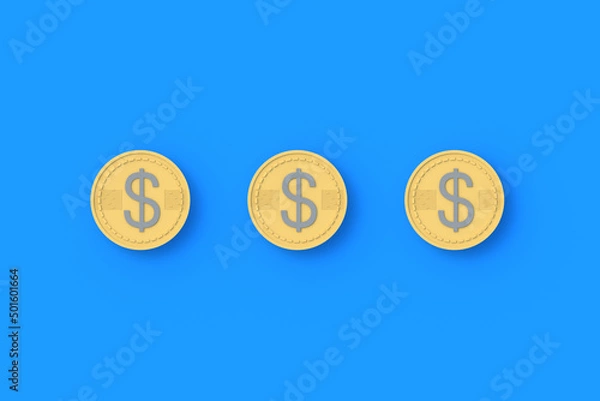 Fototapeta Three coins with dollar symbol on blue background. Financial indicators. Cheap loans. Profitable proposition. Conditions of employment. Big discounts. Donation amount. Top view. 3d render