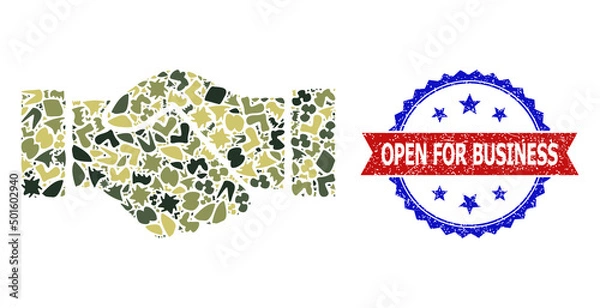 Fototapeta Military camouflage mosaic of deal handshake icon, and bicolor grunge Open for Business stamp. Vector seal with Open for Business text inside red ribbon and blue rosette, grunge bicolored style.