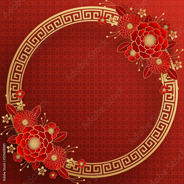 Fototapeta Chinese frame background red and gold color with asian elements.