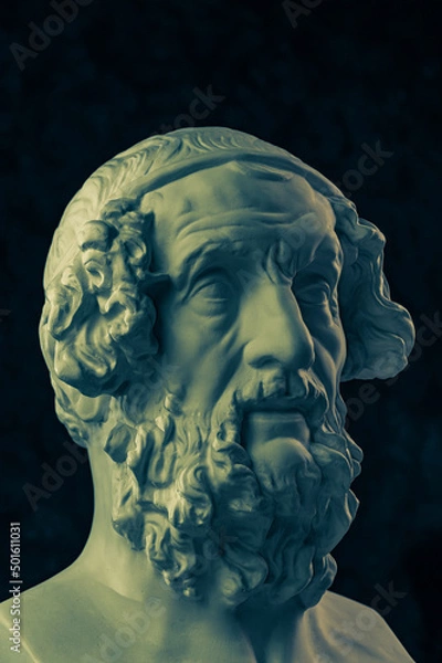 Obraz Bronze color gypsum copy of ancient statue Homer head for artists. Plaster antique sculpture of human face. Ancient greek poet and philosopher Homer is the legendary author of poems Iliad and Odyssey.