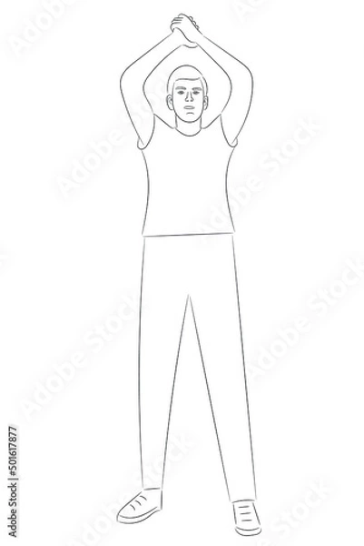 Fototapeta Sketch portrait of a guy with hands above his head, flat vector, isolate on white background