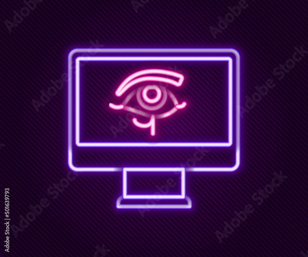 Fototapeta Glowing neon line Eye of Horus on monitor icon isolated on black background. Ancient Egyptian goddess Wedjet symbol of protection, royal power and good health. Colorful outline concept. Vector