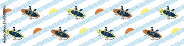 Fototapeta Pattern with a guy carrying a SUP board and a paddle for surfing on the waves. Modern simple bright flat illustration of surf, sunrise and sunset on the sea.