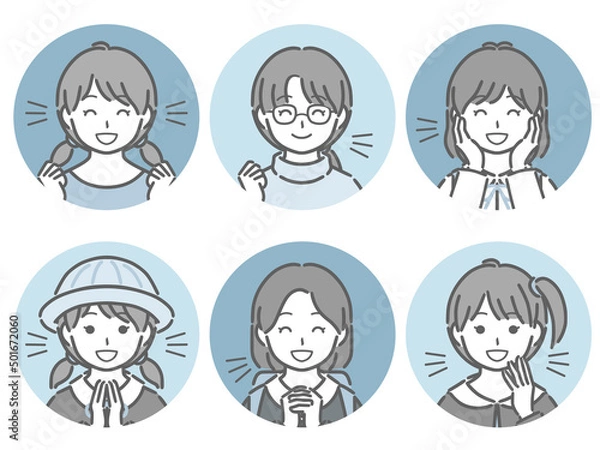 Fototapeta 喜ぶ小学生女子の丸アイコンセット