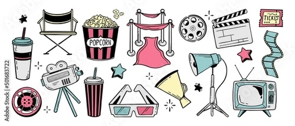 Obraz Movie theater set of elements doodle line for festivals and holidays Vector illustration in the style of doodle isolated on a white background