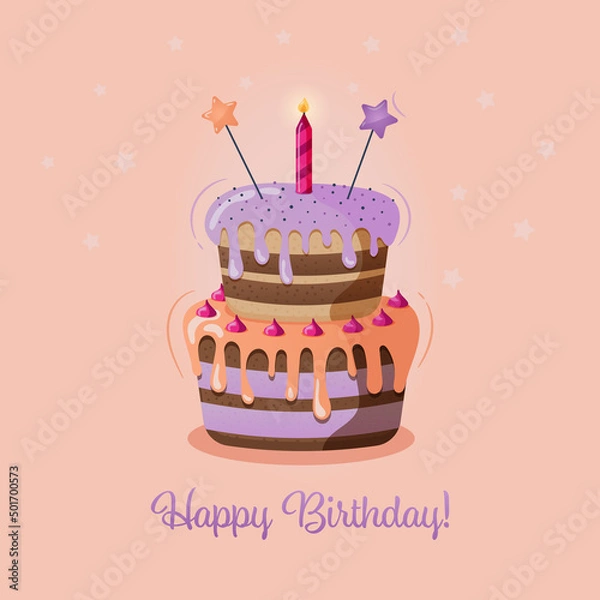 Obraz birthday cake with candle orange and purple icing