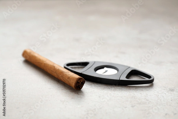 Fototapeta Cigar and guillotine cutter on light grey table