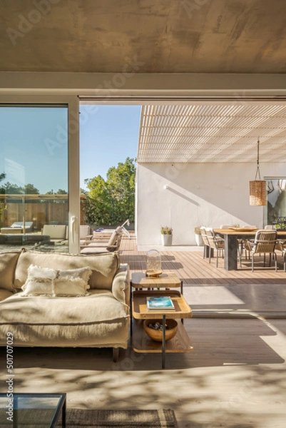 Fototapeta Modern villa with pool and deck with interior