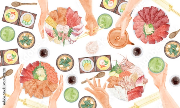 Obraz 海鮮丼パーティー手描き水彩風イラスト