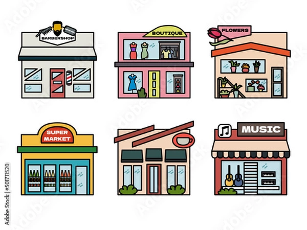 Fototapeta set of colorful vector images of houses and shops