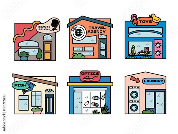 Fototapeta set of colorful vector images of houses and shops