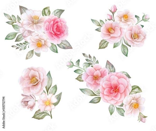 Obraz camellia, roses floral frame, ring, wreath of pink, white flowers with leaves, vignette isolated on white background. Bouquet. Templates. Watercolor. Illustration. Hand drawing. Greeting card design.