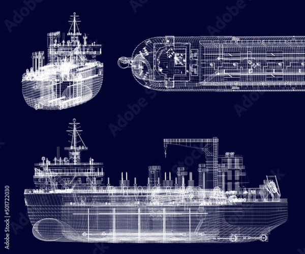 Fototapeta Hopper dredger scheme. White lines on a solid blue background. 3d-rendering