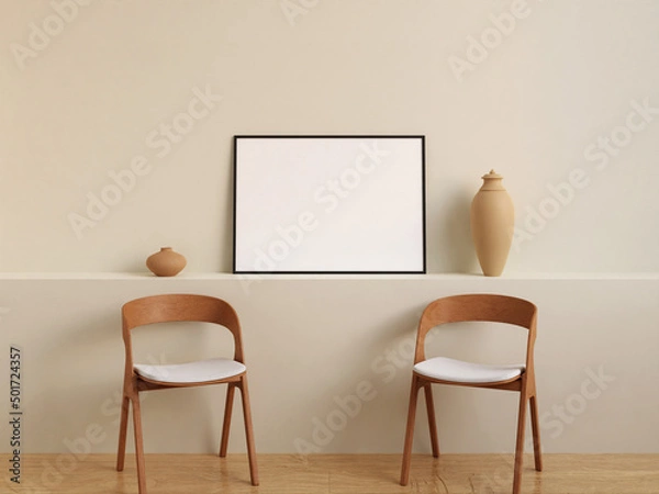 Fototapeta Modern and minimalist horizontal black poster or photo frame mockup on the wall in the living room. 3d rendering.