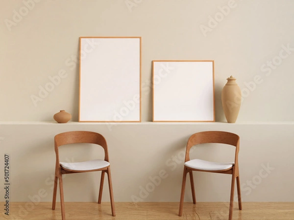 Fototapeta Twin modern and minimalist white poster or photo frame mockup on the wall in the living room. 3d rendering.