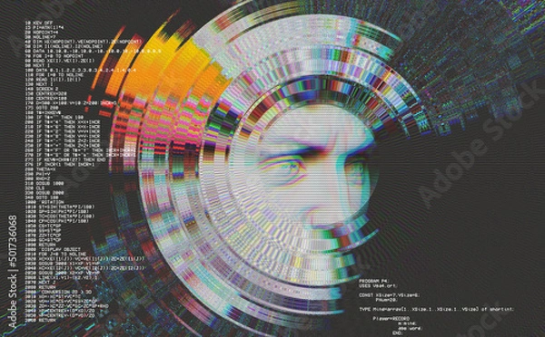 Fototapeta 3d portrait of a David with glitch effect. Cyberpunk style. Conceptual image of artificial intelligence.Virtual reality. Deep Learning and Face recognition systems. 