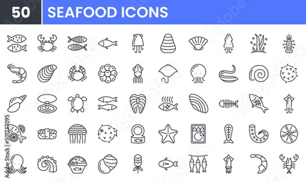 Fototapeta Seafood vector line icon set. Contains linear outline icons like Fish, Shrimp, Squid, Crab, Oyster, Shellfish, Lobster, Turtle, Octopus, Salmon, Caviar, Cuttlefish. Editable use and stroke.