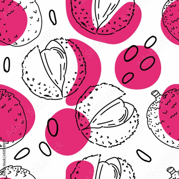 Obraz Seamless drawing of an exotic litchi fruit and a hand-drawn sketch style stain. Lychee. Abstract pink spots. Fruit. Vector simple illustration.