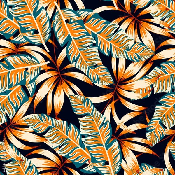 Fototapeta Original seamless tropical pattern with bright plants and leaves on a black background. Summer colorful hawaiian. Colorful stylish floral. Tropic leaves in bright colors. Hawaiian style.