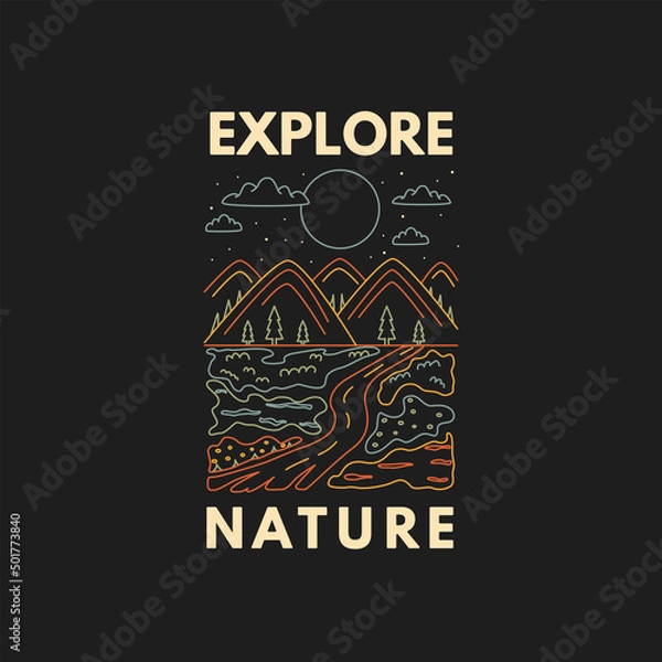Obraz Explore nature. Badge with mountains, road and moon in doodle style. The concept of camping, travel. Hand-drawn image in doodle style.