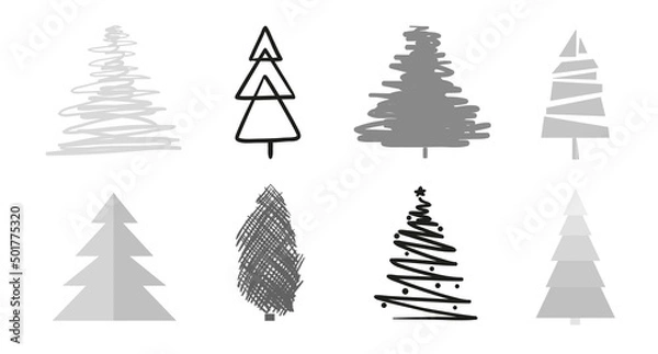 Fototapeta Christmas trees on white. Set for design on isolated background. Geometric art. Objects for polygraphy, posters, t-shirts and textiles. Black and white illustration