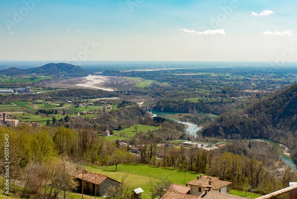Fototapeta panoramic view of a river with bridges 