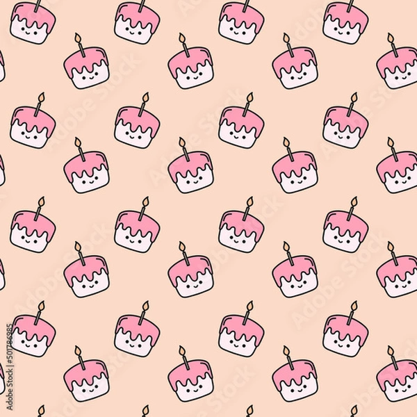 Fototapeta Cute cake with candle vector seamless pattern, cute food background
