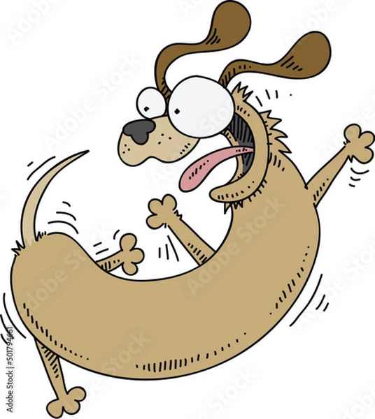 Obraz A happy, brown cartoon dog spinning around quickly in a circle while chasing its tail.