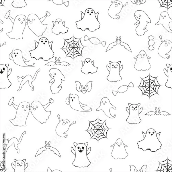 Fototapeta A seamless haunted pattern. Black and white ghosts in the style of doodles.