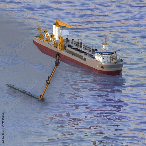 Fototapeta Dredger. A scheme with a cut of water and a suction pipe under water. 3d-rendering